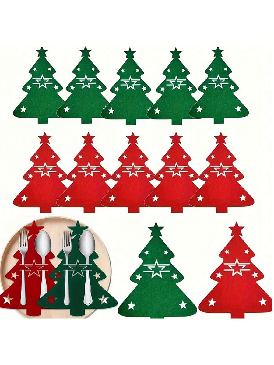 12pcs/1pc Christmas Tree Shaped Felt Placemats - Tableware Holder And Tabletop Decor, Suitable For Christmas Party, Birthday Party, Wedding, Theme Party, Holiday Celebration, Vintage Style Party And Home Decor - One Size Fits All - View 1