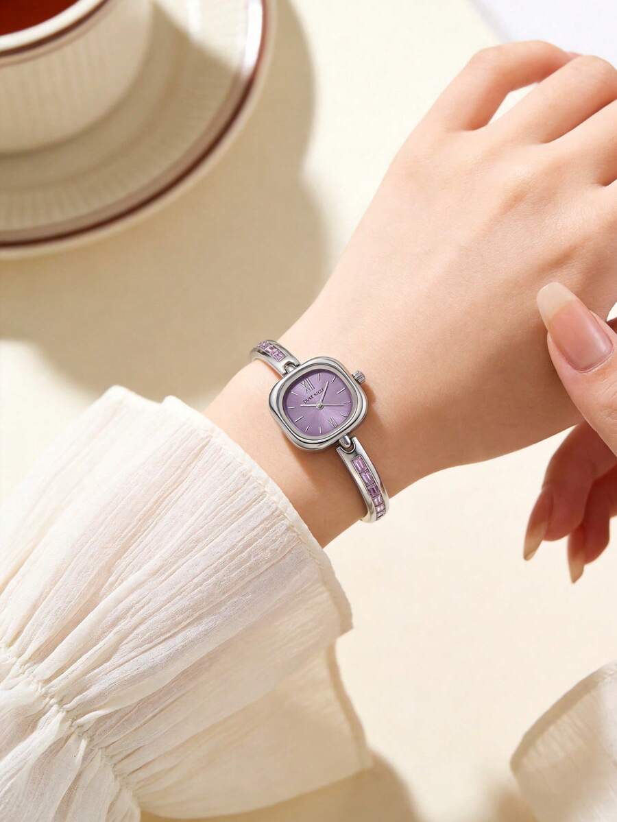 1pc Women's Jewelry Watch, Small Square Dial Quartz Watch, Adjustable Alloy Chain Strap, Gold/Silver Purple Dual-Tone Luxury Women's Watch