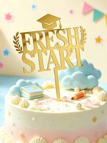 3件組奢華金色反光學術蛋糕裝飾，顯眼「Fresh Start」字體設計，飾有學士帽與雙桂冠枝，鏡面光澤，適合學校里程碑慶祝甜點擺盤佈局 - E - 查看 5
