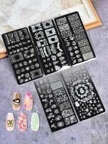5件組煙火塗鴉蝴蝶結卡通圖案不鏽鋼美甲印花板 DIY美甲工具 - 銀色 - 查看 1