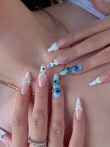 10 piezas de uñas postizas largas y reutilizables, estilo francés en rosa nude soñador y azul claro, con decoración 3D de arándano, encaje, perla, lazo y cuadros, manicura dulce y fresca de verano, adecuadas para uso diario, citas, fiestas y viajes, exquisito regalo de uñas para mujeres y niñas, uñas postizas hechas a mano - Celeste - Ver 6