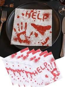 20pcs Halloween Bloody Handprint Napkins, Printed With Horror "HELP" Text, Halloween Disposable Party Napkins, Halloween Horror Theme Table Decor Party Napkins, Horror Party Supplies, Halloween Party Decoration - Multiple Styles - View 7