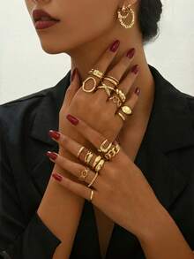 Set Cincin Punk 16 Buah untuk Wanita, Set Cincin Geometris Vintage, Aksesoris Fashion yang Dipersonalisasi - Set cincin 16 buah - View 1