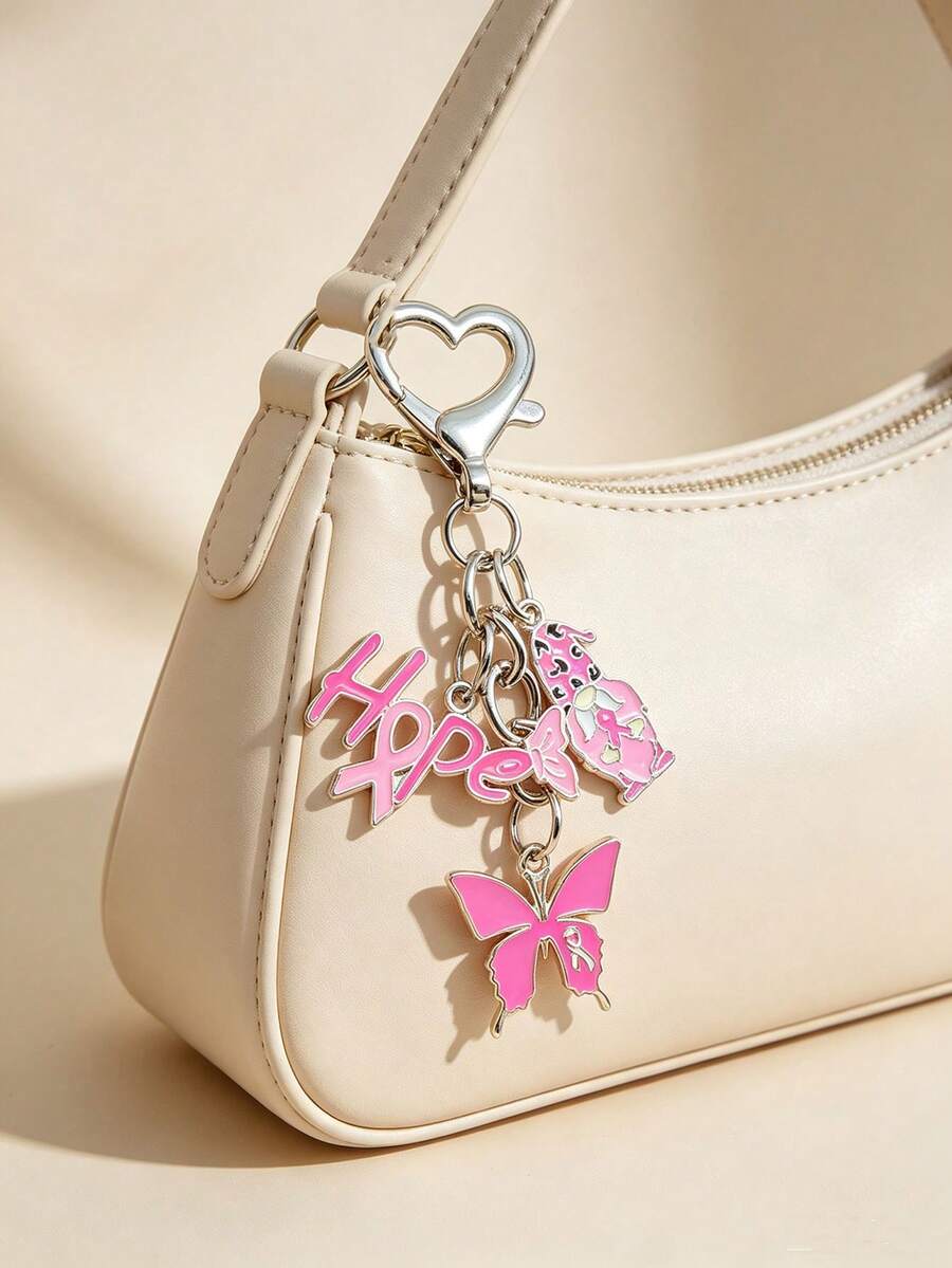 Breast Cancer Awareness Keychain, Pink Awareness Ribbon Bag Keychain, Pink Ribbon Key Ring, Women's Bag Pendant Zinc Alloy Jewelry, Gift For Women - Multicolor - View 1