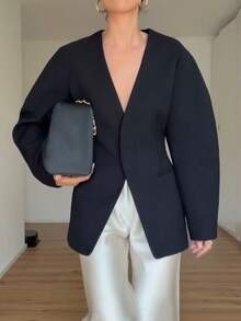Women's Elegant Casual Long Sleeve V-Neck Cinched Waist Button-Front Blazer, Solid Color With Pockets, Suitable For Daily, Office, Dating - Black - View 8