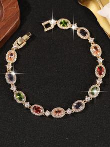 1pc Exquisite Chain Bracelet With Inlaid Oval Multi-Colored Cubic Zirconia, Elegance Jewelry For Bridal Wedding, Birthday Gift, Party & Daily Wear - Multicolor - View 8