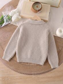 Sweater Rajut Anak Laki-laki Kerah Polo Setengah Ritsleting dengan Tekstur Rib Tebal, Kardigan Hangat untuk Fashion Musim Gugur - Aprikot - View 2