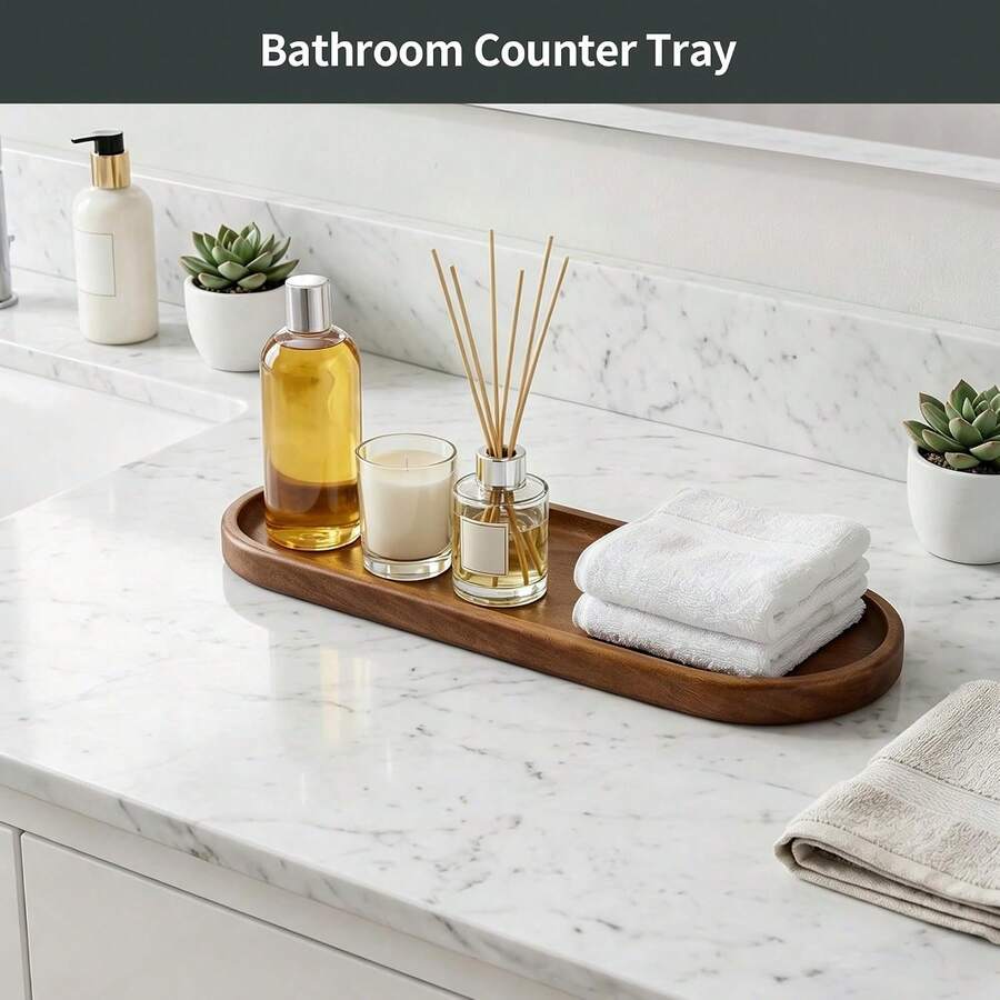 Vassoio da bagno in legno di acacia, vassoio in legno, vassoio per gioielli, vassoio decorativo, decorazione per la casa - perfetto per il bagno, la cucina, gli snack, i gioielli e i profumi; decorazione per il bagno; decorazione autunnale; regali per Ognissanti e Natale; stagione del ritorno a scuola (ovale) - B - Visualizzare 1