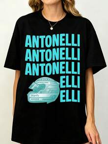 Kimis Antonellis F1 Helmet Repeat Text Graphic T-Shirt, Motorsport Racing Unisex Tee,  Fan Daily Wear - 黑色 - 查看 1