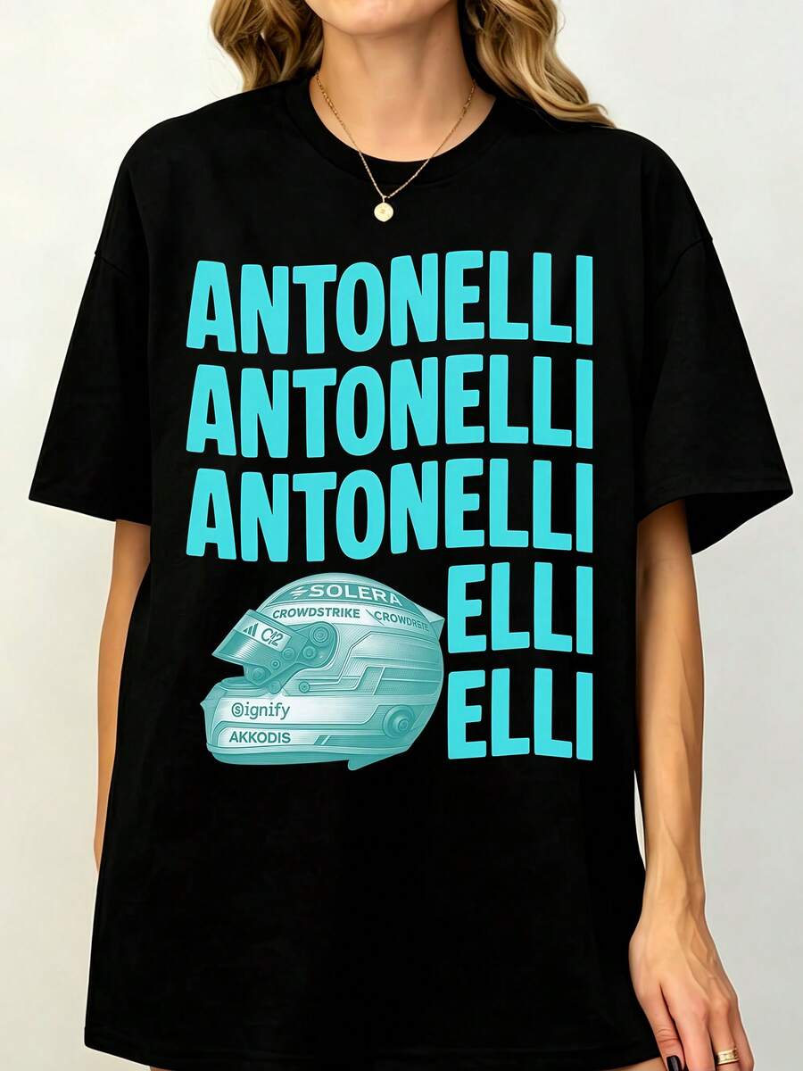 Kimis Antonellis F1 Helmet Repeat Text Graphic T-Shirt, Motorsport Racing Unisex Tee, Fan Daily Wear - 黑色 - 查看 1