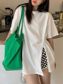 White All-Match Round Neck Solid Color Side Slit Short Sleeve T-Shirt Women's Summer Loose Mid-Length Flattering Top Minimalist Casual Commute Versatile All-Match Style - White - View 1