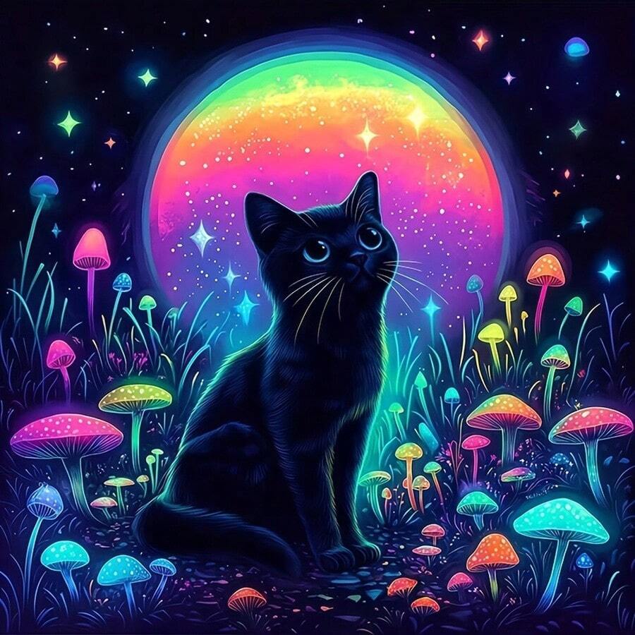 DIY Handmade 5D Diamond Painting Kit, Multiple Sizes Available < Neon Night Cat > Diamond Painting Tool Set, Suitable For Adults And Beginners, Frameless Round Diamond Painting Artwork - round diamond - View 1