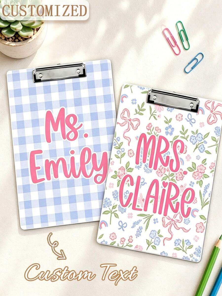 Personalized Name Acrylic Clipboard, Customized Teacher Name Clipboard, Macaron Color Plaid Floral Bow Pattern Office Clipboard, Customized Desktop Accessory Gift, For Teachers And Female Colleagues - Multicolor - View 1