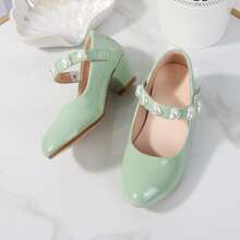 1 Pair Girls' Mary Jane Chunky Heel Shoes, Hook & Loop Closure Heart Decor Solid Color Casual Dance Shoes - Mint Green - View 17