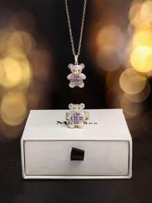 2Pcs 14K Gold Plated High Quality Full Zirconia Women's Jewelry Little Bear Pendant Necklace & Bear Ring For Weddings, Anniversaryn, Birthday Gifts - Teddy Bear Set - View 1
