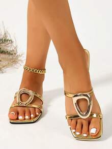 Women's Fashion PU Leather Cut-Out Pure Metal Slip-On Square Toe Beach Sandals, Spring/Summer New Plus Size Gold Flat Slides - Gold - View 4