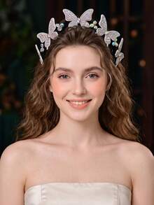 1pc Fashionable Iridescent Crystal Butterfly Headband, Sparkling Rhinestone Non-Slip 3D Hair Accessory For Women, Holiday Celebration - Black - View 2