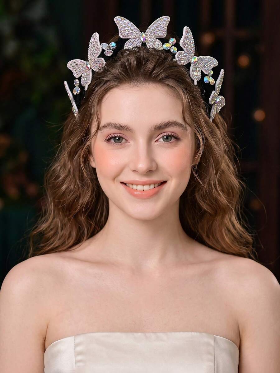 1pc Fashionable Iridescent Crystal Butterfly Headband, Sparkling Rhinestone Non-Slip 3D Hair Accessory For Women, Holiday Celebration
