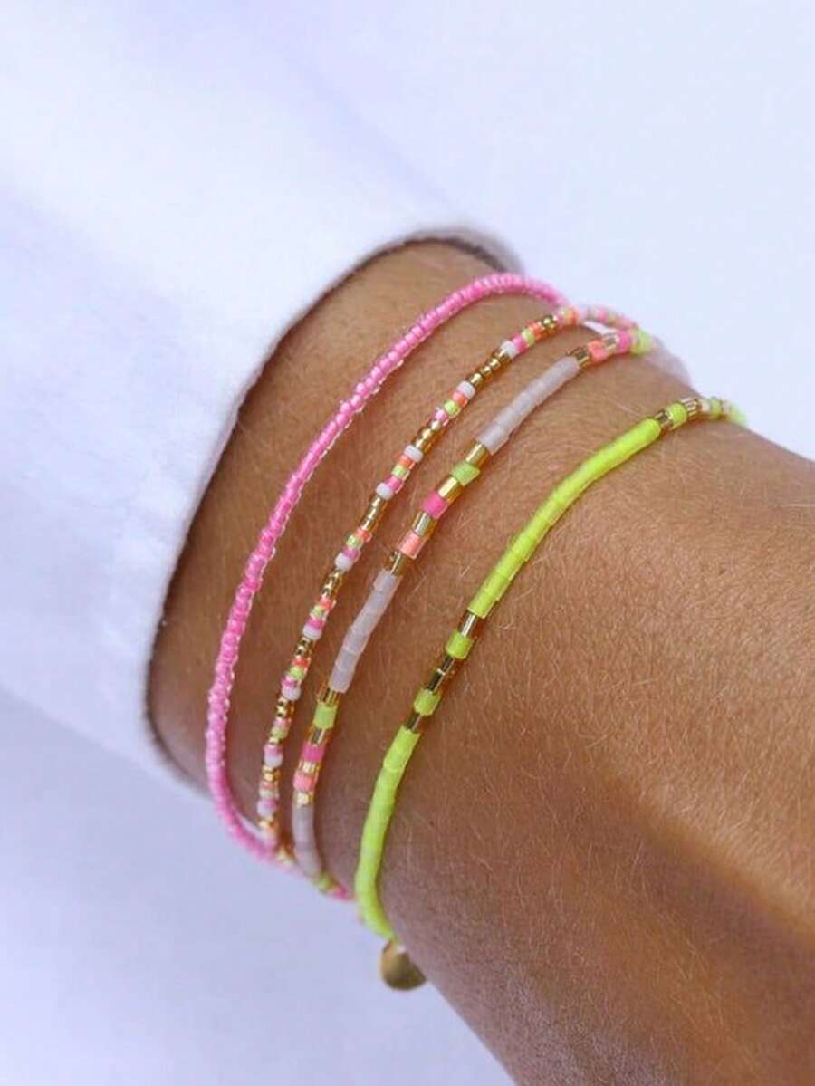 4件組波希米亞風珠飾彈力手鍊套組,多層可疊戴手鍊,適合女性日常、度假、派對穿著(隨機珠飾) - 彩色 - 查看 1