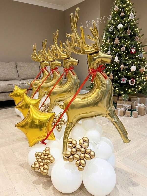 16pcs/Set Christmas Party Decoration Balloon Set, 3D Standing Gold Deer Reindeer Balloon, Red Ribbon Bow, Xmas Merry Christmas Holiday Festive Winter New Year Room / Living Room