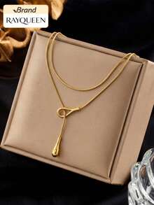 RAYQUEEN 1 buah Kalung Panjang Liontin Tetesan Air Stainless Steel dengan Rantai Sweater untuk Wanita, Cocok untuk Pemakaian Sehari-hari - Yellow Gold - View 1