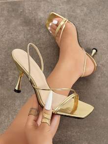 Jin Bei Qi Women's Slip-On Gold Square Toe Stiletto High Heel Sandals, Sexy Party Fashion Minimalist Comfortable High Heels, Leg-Lengthening Gold High Heels, Suitable For Gatherings, Dates, Vacations And Commuting - Gold - View 1