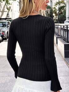 Niche Slimming Knit Sweater Top For Women, Autumn Bowknot Hollow Cross-Over Slimming Sweater - Black - View 3
