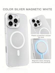 Miniso 1件新款銀色壓克力 2合1 磁吸無線充電創意凸起鏡頭獨特加厚防摔保護殼，適用 Apple 系列 Apple 17 Pro Max/Air、16、11/12/13/14 Plus/XR/7/8 Plus/15 Pro Max 手機殼 - 白色 - 查看 3