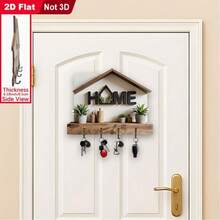 1pc Wooden Multi-Function Wall Key Rack With 4 Metal Hooks, Rustic Vintage Entryway Home Decor Organizer, 2D Flat Design Room Kitchen Villa Storage Hanging Shelf For Seasonal Decoration Organization - Multicolor - View 5