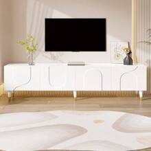 TV Cabinet/Lowboard With Asymmetrical Arched Relief, Four Doors, Multiple Storage Spaces, Solid Wood Legs, Living Room. - 白色 - 查看 2
