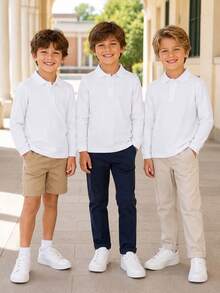 3pcs/Set Unisex Kids Classic White Long Sleeve Polo Shirts, School Uniform Tops For Back To School, Suitable For Daily Wear, Performance And Group Activities - White - View 2