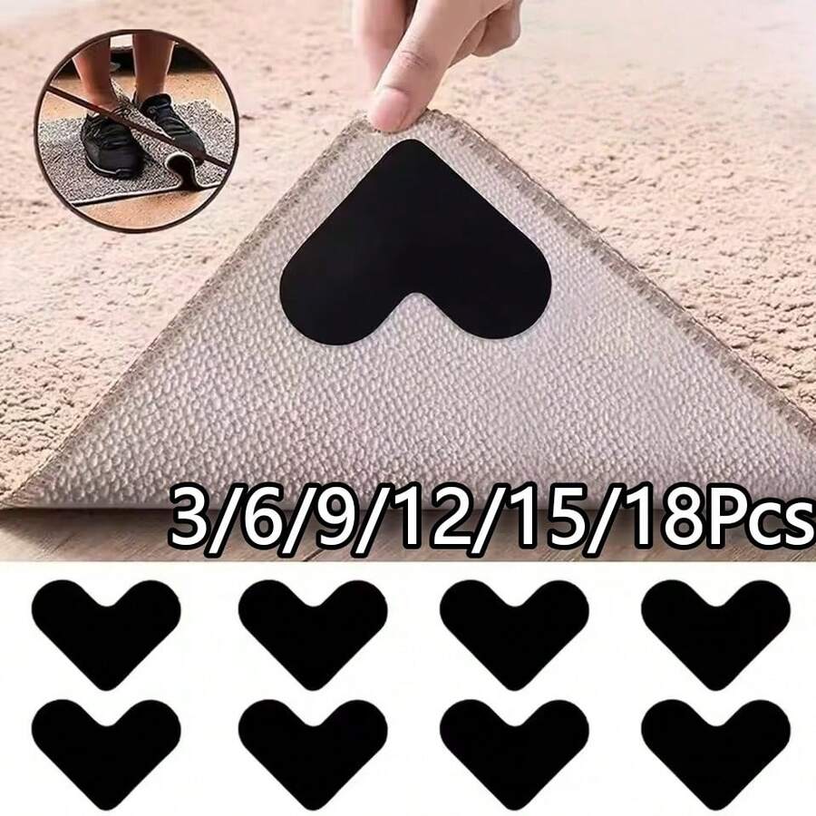 3/6/9/12/15/18Pcs Heart-Shaped Non-Slip Carpet Pads, Black Adhesive Mats Suitable For Tile, Floor, Carpet, Bathroom, Living Room, Entryway