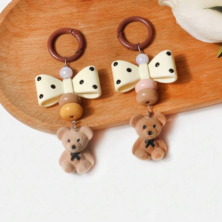 1PC Vintage Polka Dot Bow Bear Keychain, Cute Beaded Bag Charm, Kawaii Backpack Pendant, Key Ring Accessory, Gift For Girls - Multicolor - View 1