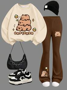2pcs/Set Girls Comfortable Outfit, Layered Capybara Print Sweatshirt + Brown Flare Pants, Soft Casual Streetwear - Apricot - View 2