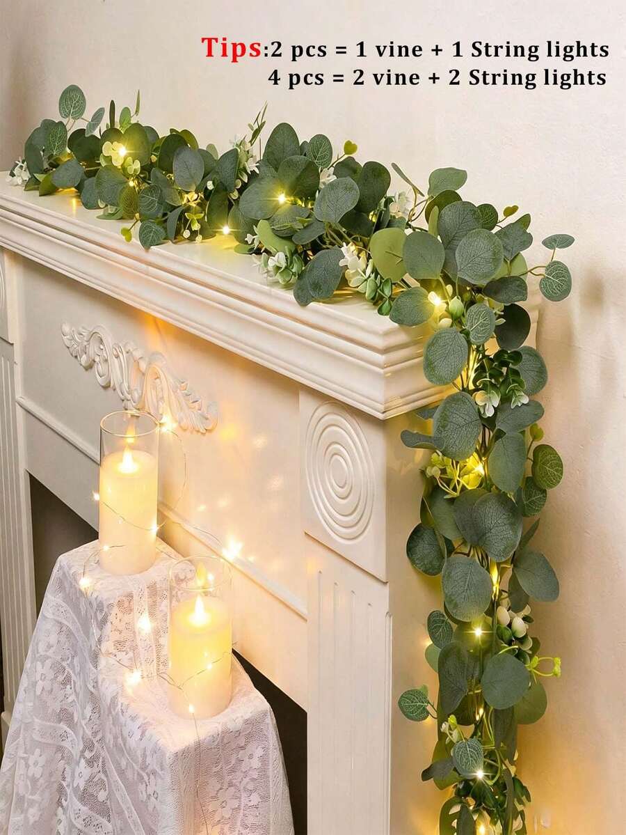2/4 bucăți ghirlandă cu frunze artificiale de eucalipt și gypsophila cu șir de lumini LED, viță artificială verde, potrivită pentru cameră, dormitor, masă de dining, grădină, aniversare, petrecere de nuntă, Ziua Îndrăgostiților, Ziua Mamei, decor de casă pentru toate anotimpurile
