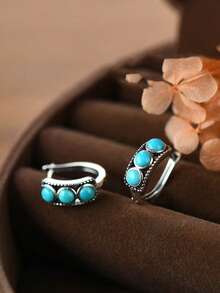 1 par de pendientes de aro vintage plateados de turquesa sintética, 3 pendientes en forma de C con piedra ovalada estilo western boho, joyería retro de vacaciones para mujer - Azul - Ver 4