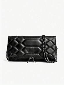 Bolso de hombro de piel sintética con solapa multicapa y cadena, almacenamiento compartimentado con bolsillos de doble cremallera, casual y versátil, adecuado para el desplazamiento diario y las compras - Negro - Ver 4