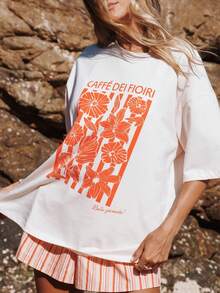 T-shirt con stampa grafica e spalle scese, manica corta, girocollo, top casual per primavera ed estate, abbigliamento donna, t-shirt unisex in cotone - Bianco - Visualizzare 1