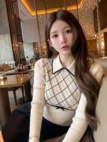 秋冬韓系甜美休閒風女款菱格紋蝴蝶結針織毛衣，翻領拼色學院風上衣，秋季穿搭 - 杏色 - 查看 3