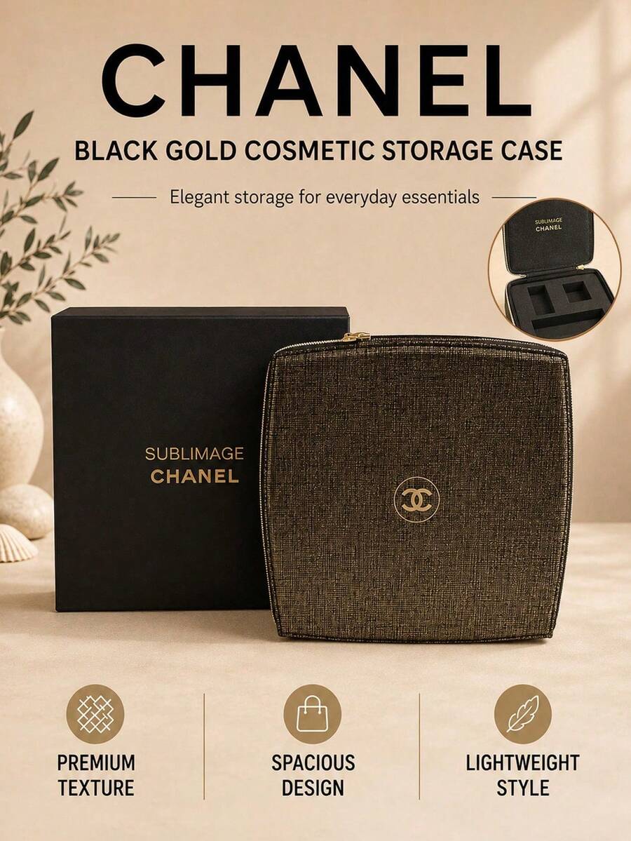 Kotak Organizer Makeup Anyaman Hitam dan Emas Chanel, 19*19cm, terbuat dari kulit sintetis, dengan lapisan dalam yang terbagi, resleting emas yang halus, dan lapisan dalam yang dapat dilepas. Cocok untuk penyimpanan di rumah dan saat bepergian.