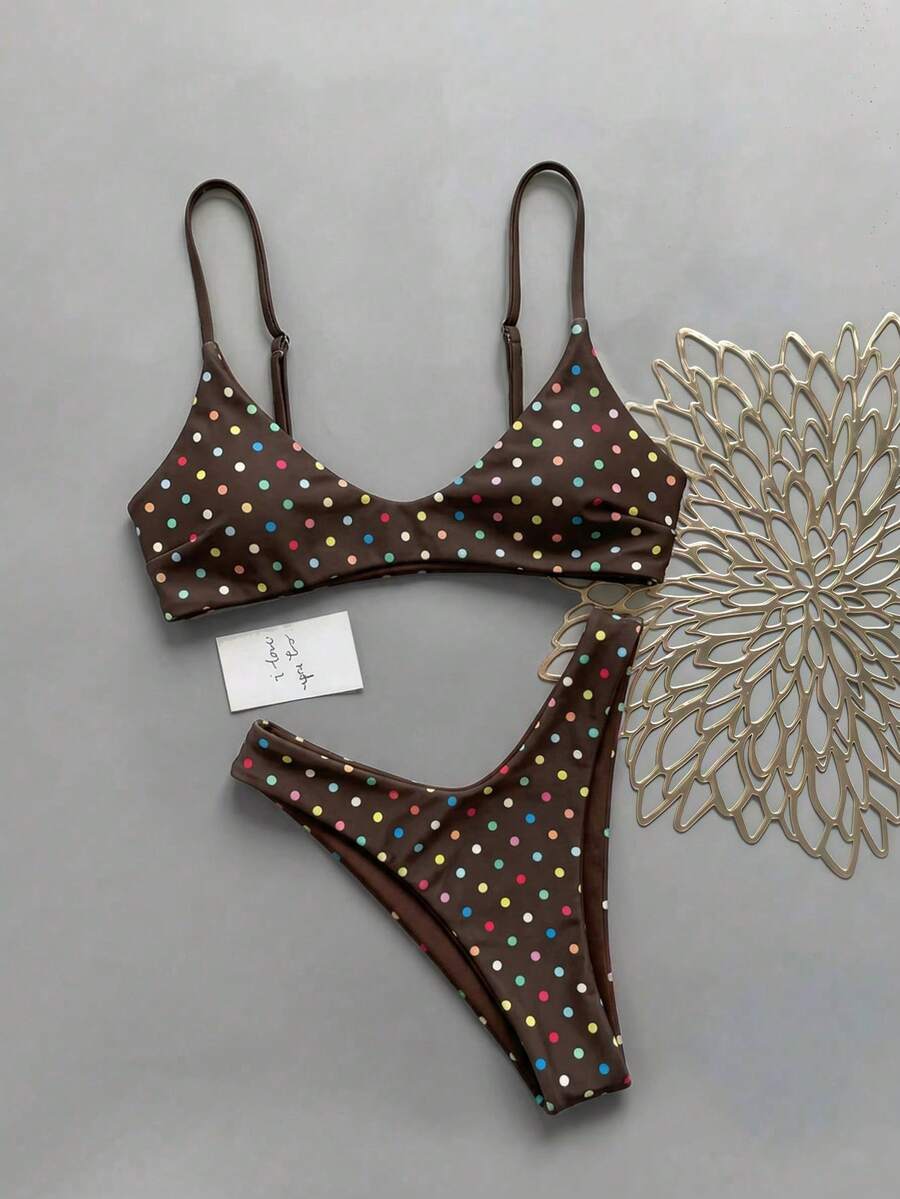 Lucky Girl 夏季女款海灘度假可正反穿著多色格紋與花卉印花後綁帶兩件式比基尼套裝 - 彩色波點 - 查看 1