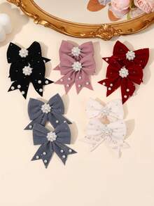10pcs Minimalist Multi-Color Fishtail Bow Hair Clips, Pearl & Rhinestone Decorated Hair Clips, Teacher's Day Gift, Girls Daily School Wear Hair Accessories - Multicolor - View 7