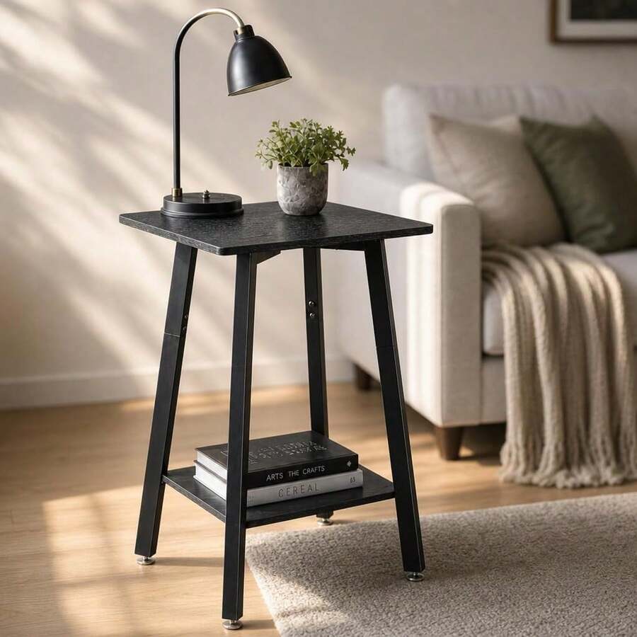 Black Side Table, 2-Tier Small Square End Table Small Spaces, Living Room, Bedroom - Black - View 1