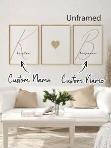 Juego de 3 pósteres minimalistas personalizados, letrero colgante con nombre de pareja personalizado, arte de pared moderno en beige, decoración de aniversario de boda, adecuado para parejas, fiesta de damas de honor, regalo de aniversario, decoración bohemia neutra para el hogar, sala de estar, dormitorio, regalo para amantes y amigos, sin marco - Beis - Ver 13
