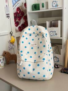Mochila con estampado de lunares para mujer con bolsillo delantero y correas ajustables, bolsa escolar de poliéster casual para uso diario - Blanco - Ver 2