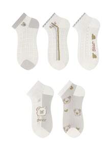 ZUJO 5 Pairs Women's Gray & White Short Socks, Cartoon Bear & Heart Pattern, Suitable For Spring/Autumn Daily Wear, Simple & Comfortable, Random Color - Multicolor - View 5