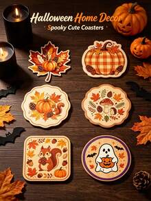1pc/6pcs Exquisite Autumn Wooden Coasters, Cute Squirrel, Ghost, Maple Leaf And Pumpkin Patterns, Suitable For Home, Kitchen, Dining Room, Office, Holiday Party, Birthday Gift, Halloween Coasters, Thanksgiving Coasters, 2D Flat Design, Home Decor - Multicolor - View 9