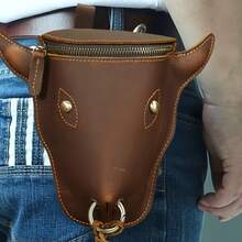 1Pc Retro Cowhide Mini Waist Belt Bag, 3D Cow Head Shape With Metal Ring, Large Capacity Wear Resistant For Western Style Outdoor Riding - Multicolor - View 1