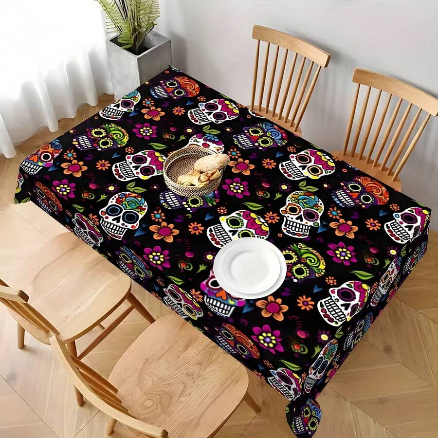 1pc Colorful Calavera Sugar Skull Tropical Floral Print Vintage Tablecloth, Durable Wrinkle-Free Fade-Resistant, Mexican Day Of The Dead Theme Party, Latin Style Festival Fair, Market Stall Commercial Use Essential Colorful Sugar Skull Rectangular Tablecloth, Day Of The Dead Family Dinner, Halloween Daily Gathering Universal - Multicolor - View 1