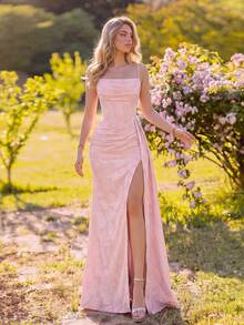 ADYCE Elegant Spaghetti Strap Jacquard Fabric Ruched Boning High Waist Long Ribbon High Slit Backless Tie-Up Floor Length Evening Gown, Suitable For Prom, Birthday Party - Baby Pink - View 6